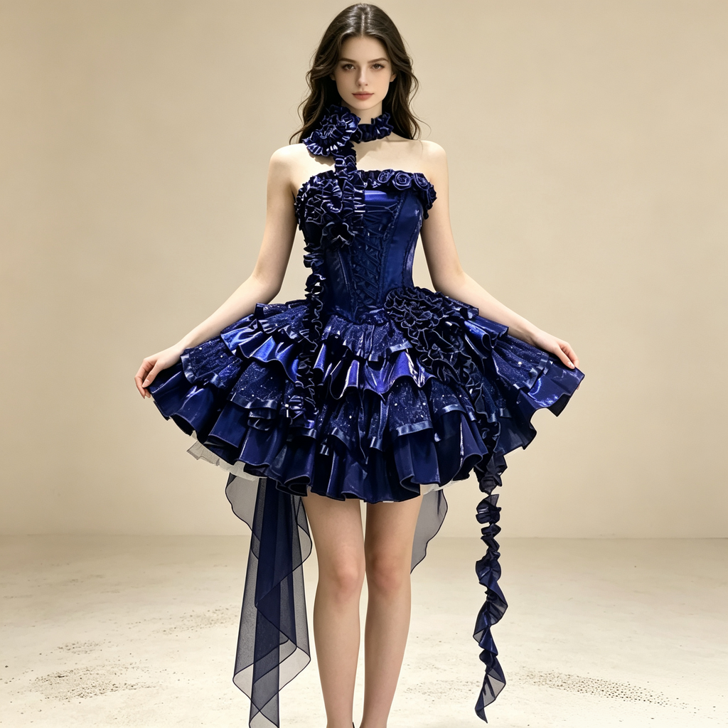 Womens Vintage Victorian Layered Ruffle Mini Dress with Rose Accents – White, Red, Blue
