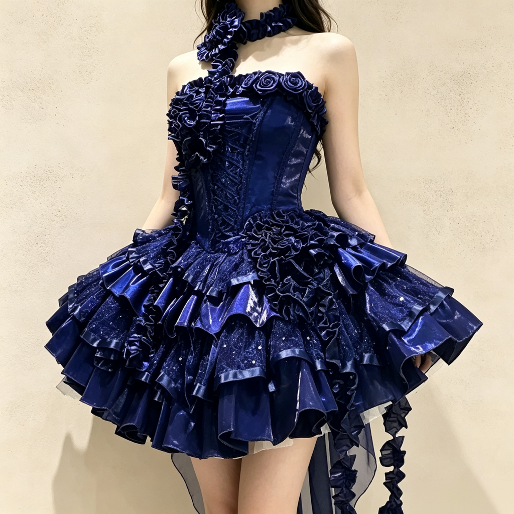 Womens Vintage Victorian Layered Ruffle Mini Dress with Rose Accents – White, Red, Blue