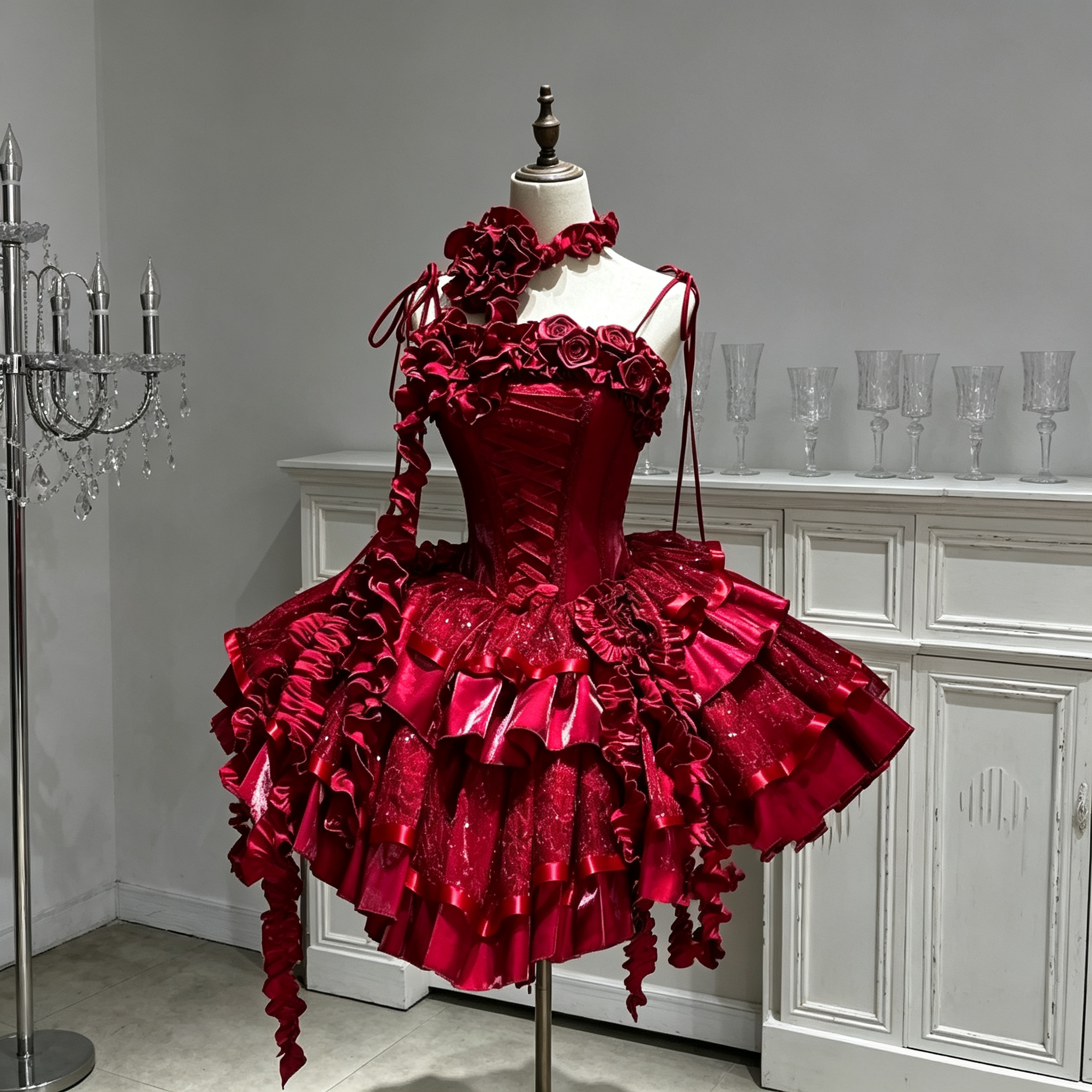 Womens Vintage Victorian Layered Ruffle Mini Dress with Rose Accents – White, Red, Blue