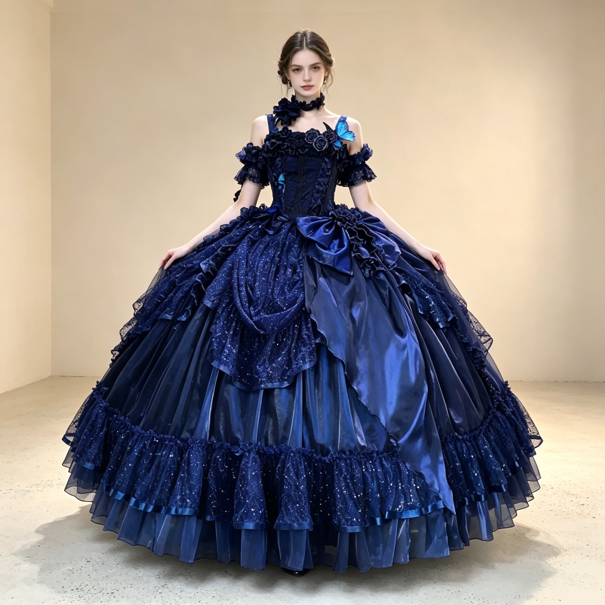 Womens Vintage Quinceanera Ball Gown with Layered Lace and Oversized Bow – Available in 4 Colors
