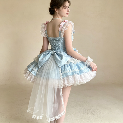 Women's Vintage Lace Layered Mini Dress - Light Blue Ruffled High-Low Party Dress