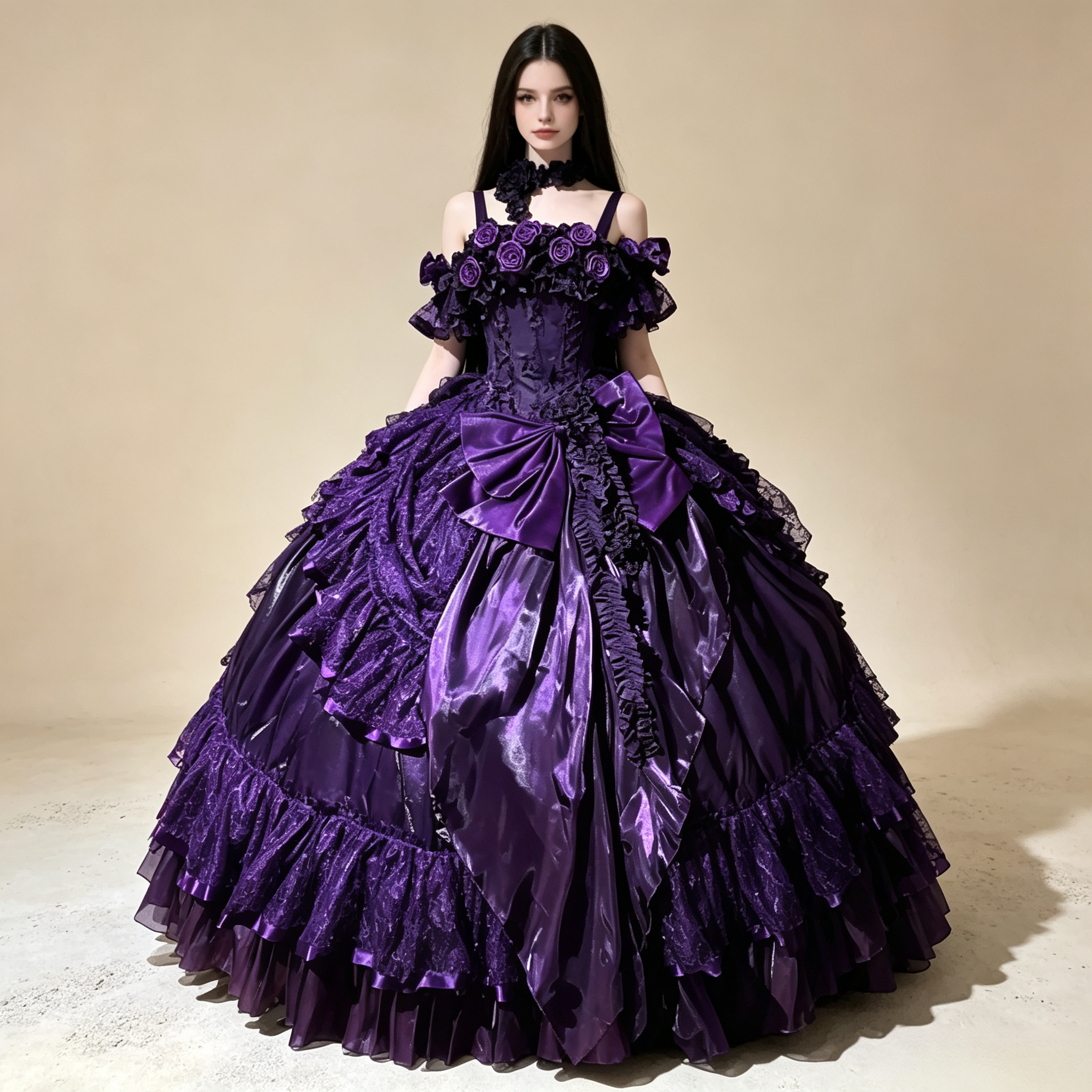 Womens Vintage Quinceanera Ball Gown with Layered Lace and Oversized Bow – Available in 4 Colors
