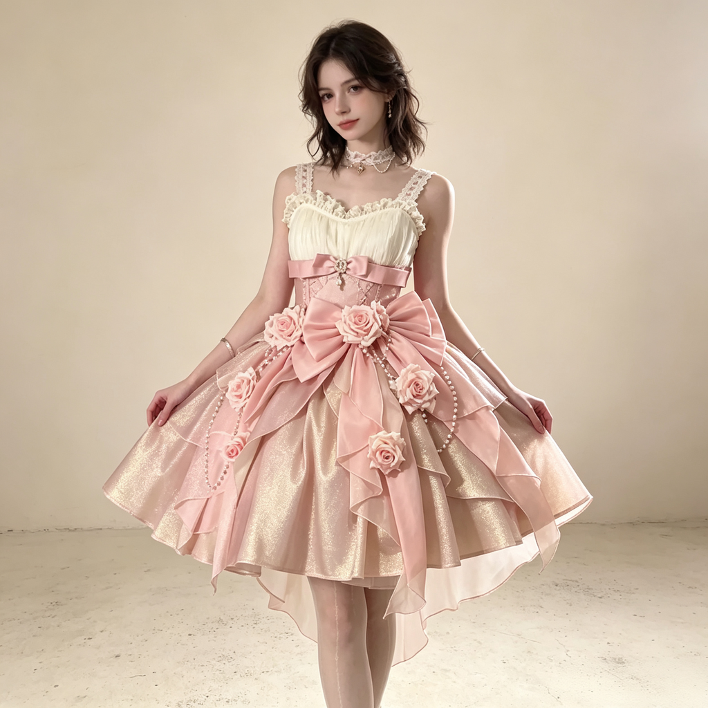Womens Sleeveless Shimmer Mini Dress with Bow Accent and Flower Appliques – Pink and Champagne