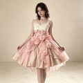 Womens Sleeveless Shimmer Mini Dress with Bow Accent and Flower Appliques – Pink and Champagne