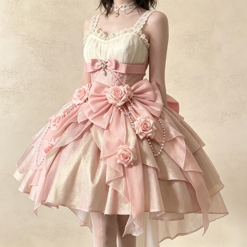 Womens Sleeveless Shimmer Mini Dress with Bow Accent and Flower Appliques – Pink and Champagne