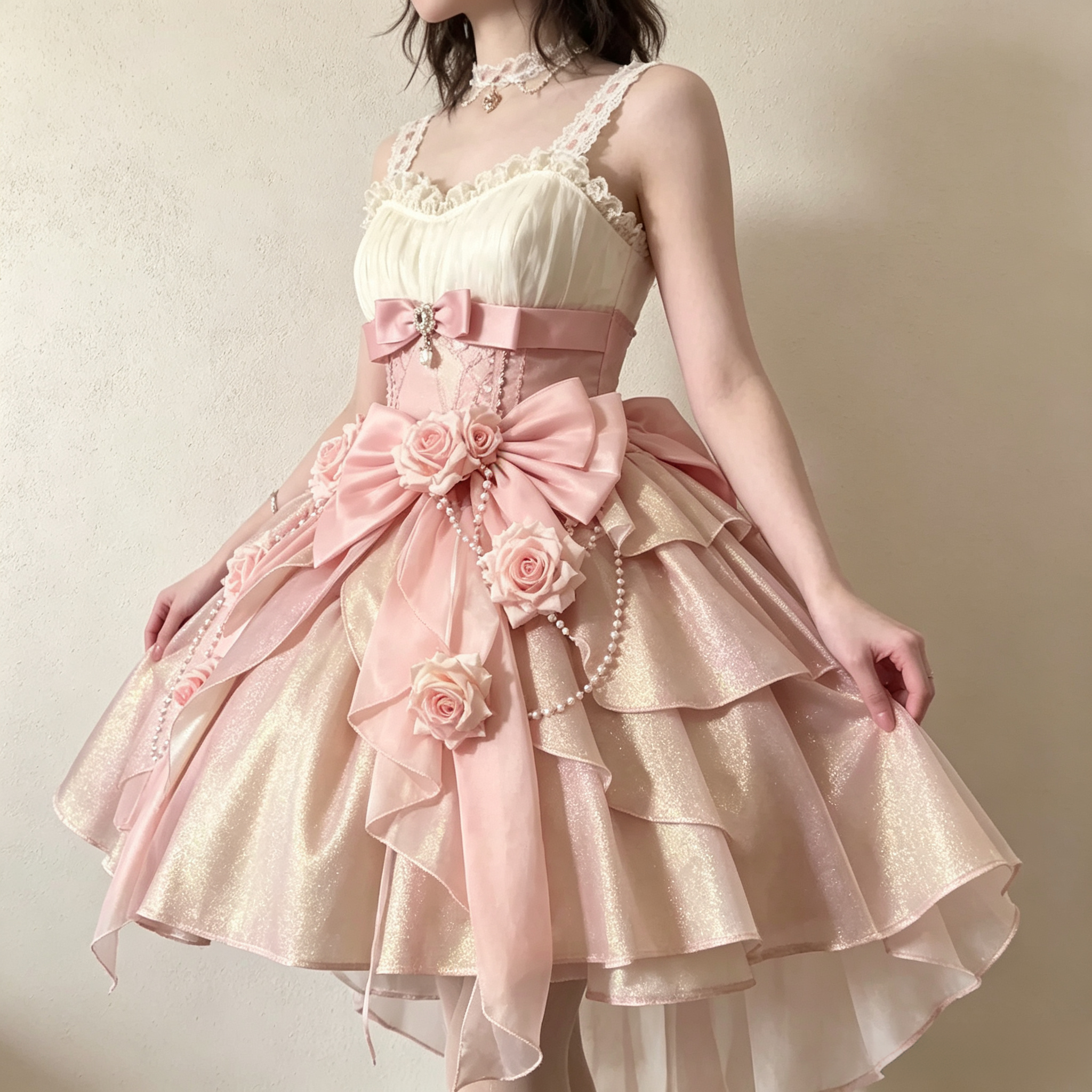 Womens Sleeveless Shimmer Mini Dress with Bow Accent and Flower Appliques – Pink and Champagne