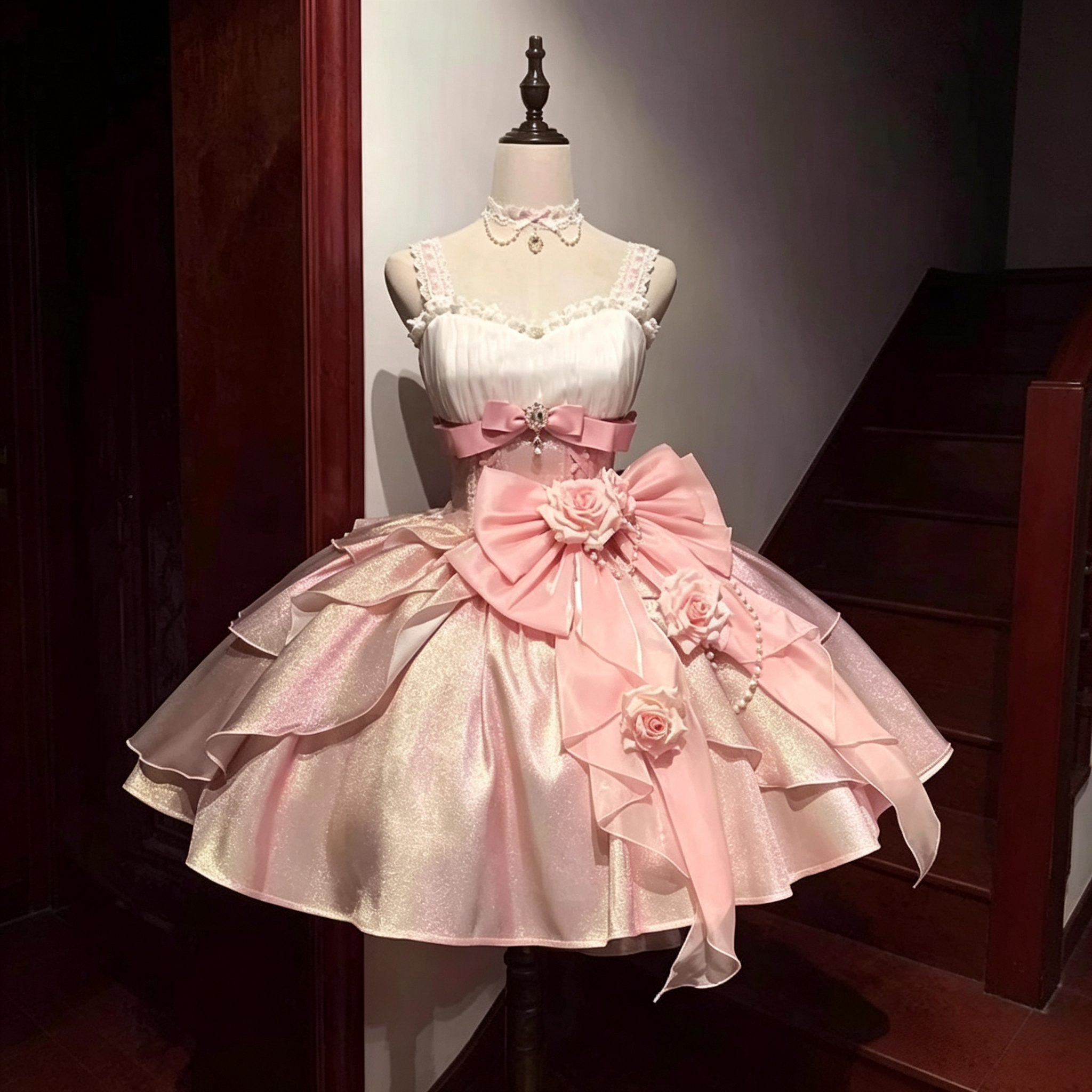 Womens Sleeveless Shimmer Mini Dress with Bow Accent and Flower Appliques – Pink and Champagne