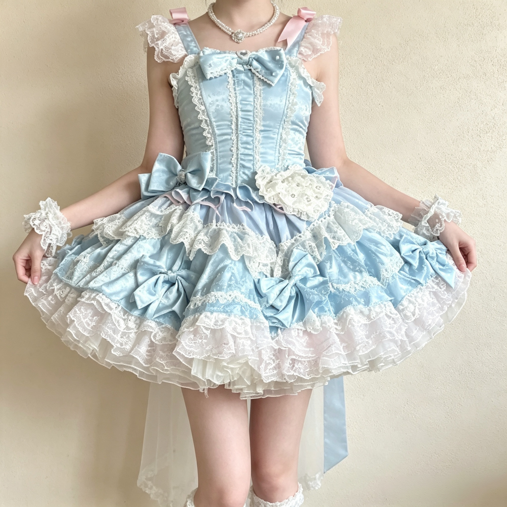 Women's Vintage Lace Layered Mini Dress - Light Blue Ruffled High-Low Party Dress