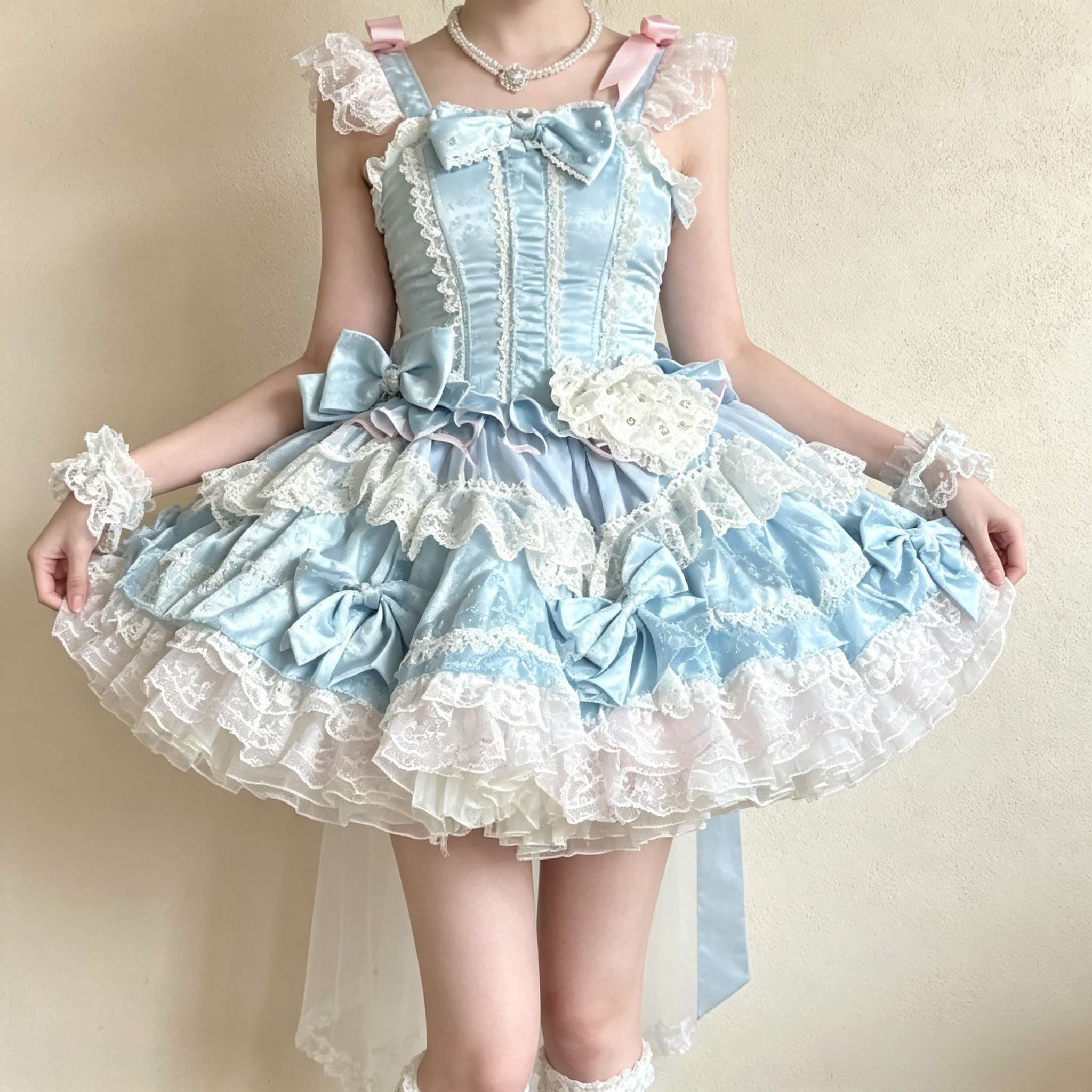 Women's Vintage Lace Layered Mini Dress - Light Blue Ruffled High-Low Party Dress