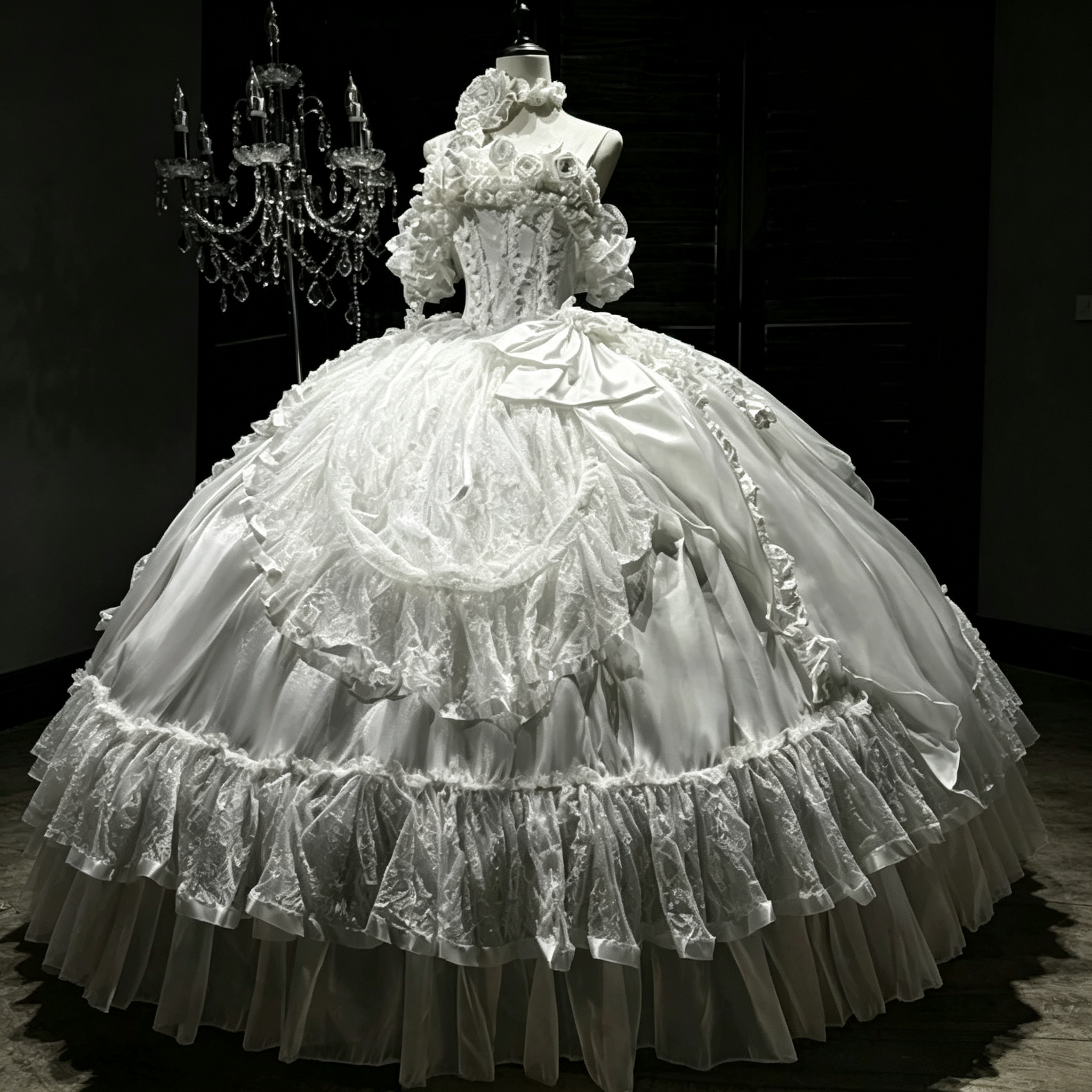 Womens Vintage Quinceanera Ball Gown with Layered Lace and Oversized Bow – Available in 4 Colors