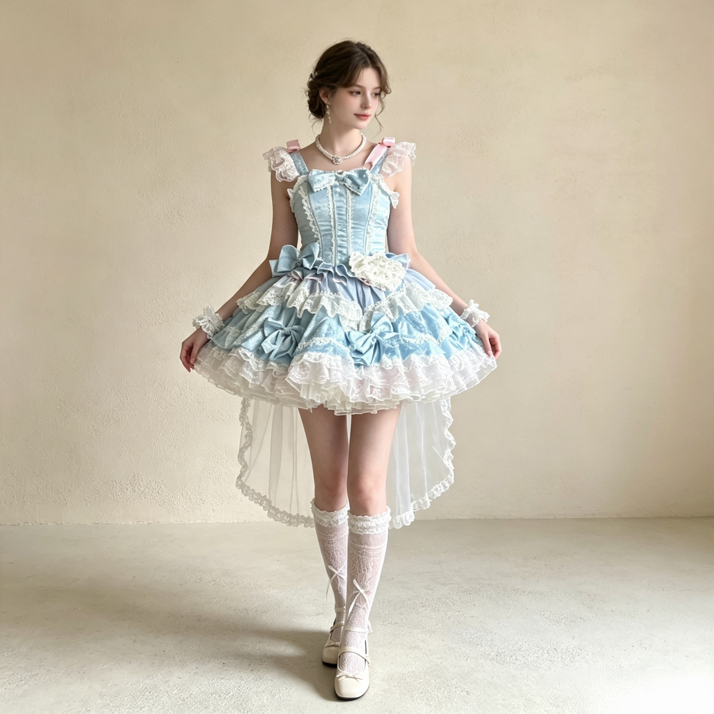 Women's Vintage Lace Layered Mini Dress - Light Blue Ruffled High-Low Party Dress