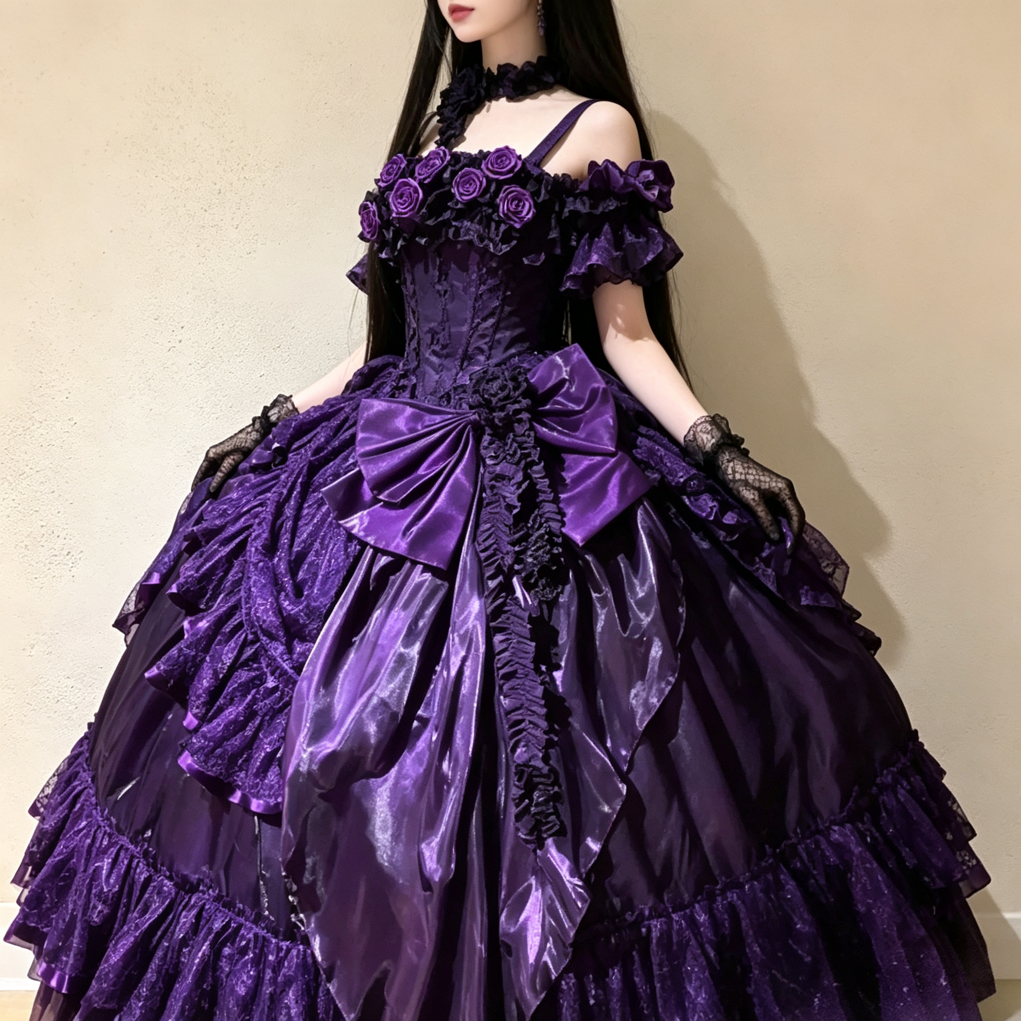 Womens Vintage Quinceanera Ball Gown with Layered Lace and Oversized Bow – Available in 4 Colors