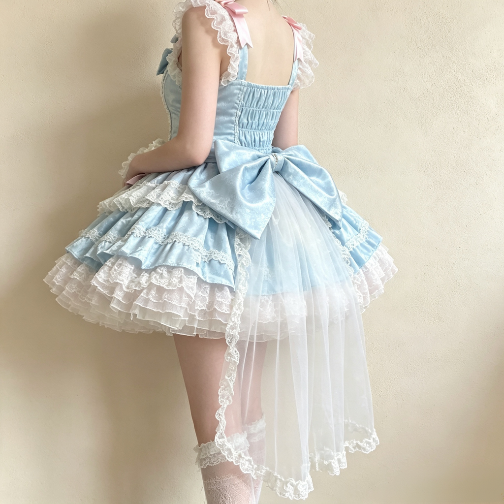 Women's Vintage Lace Layered Mini Dress - Light Blue Ruffled High-Low Party Dress