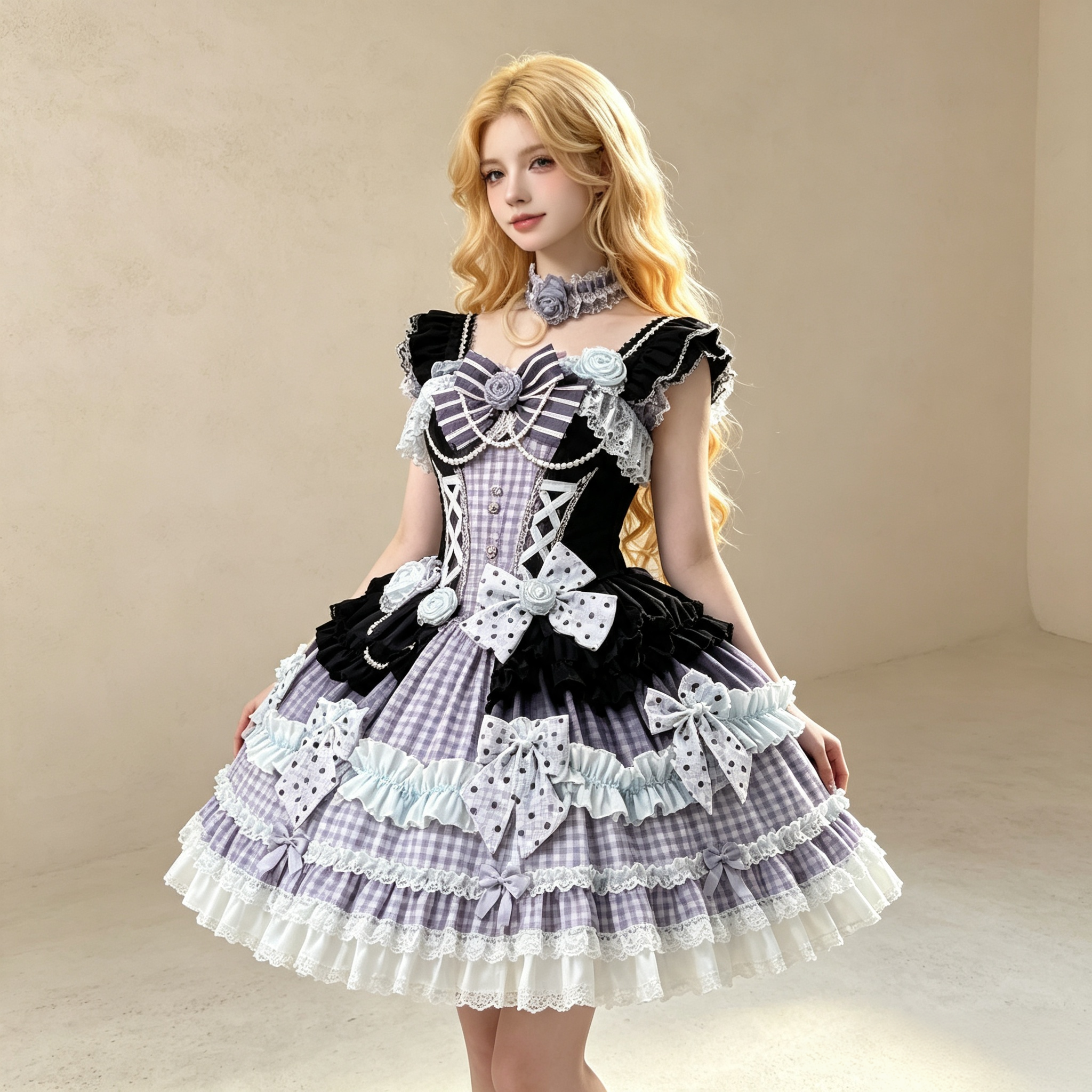 Women's Vintage Purple Plaid Lace Mini Dress - Gothic Tiered Ruffle Party Dress