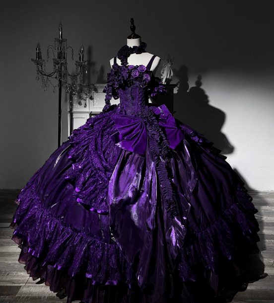 Womens Vintage Quinceanera Ball Gown with Layered Lace and Oversized Bow – Available in 4 Colors
