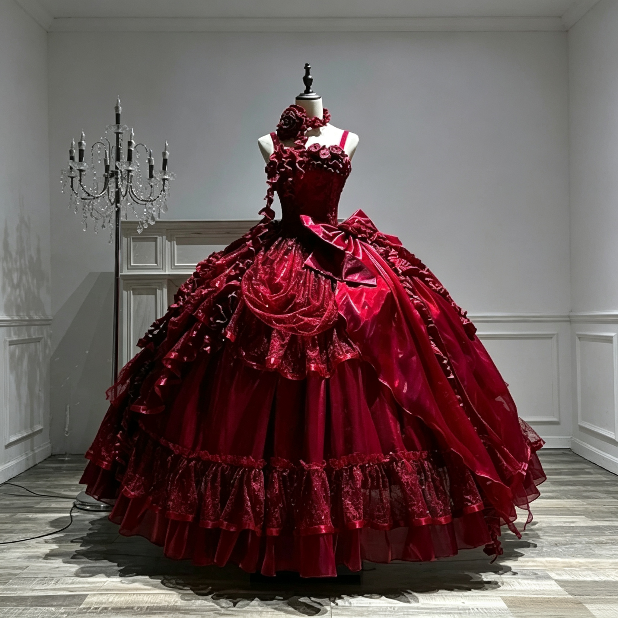 Womens Vintage Quinceanera Ball Gown with Layered Lace and Oversized Bow – Available in 4 Colors