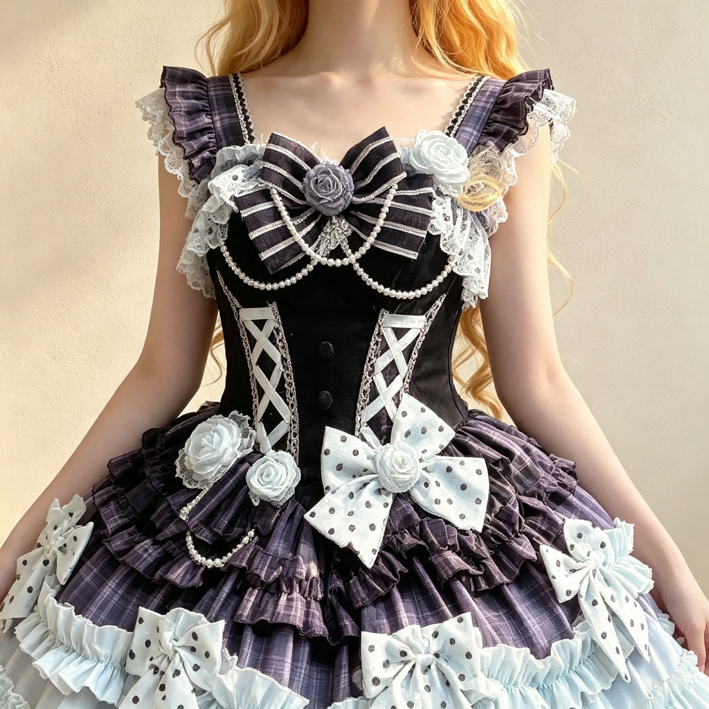 Women's Vintage Purple Plaid Lace Mini Dress - Gothic Tiered Ruffle Party Dress