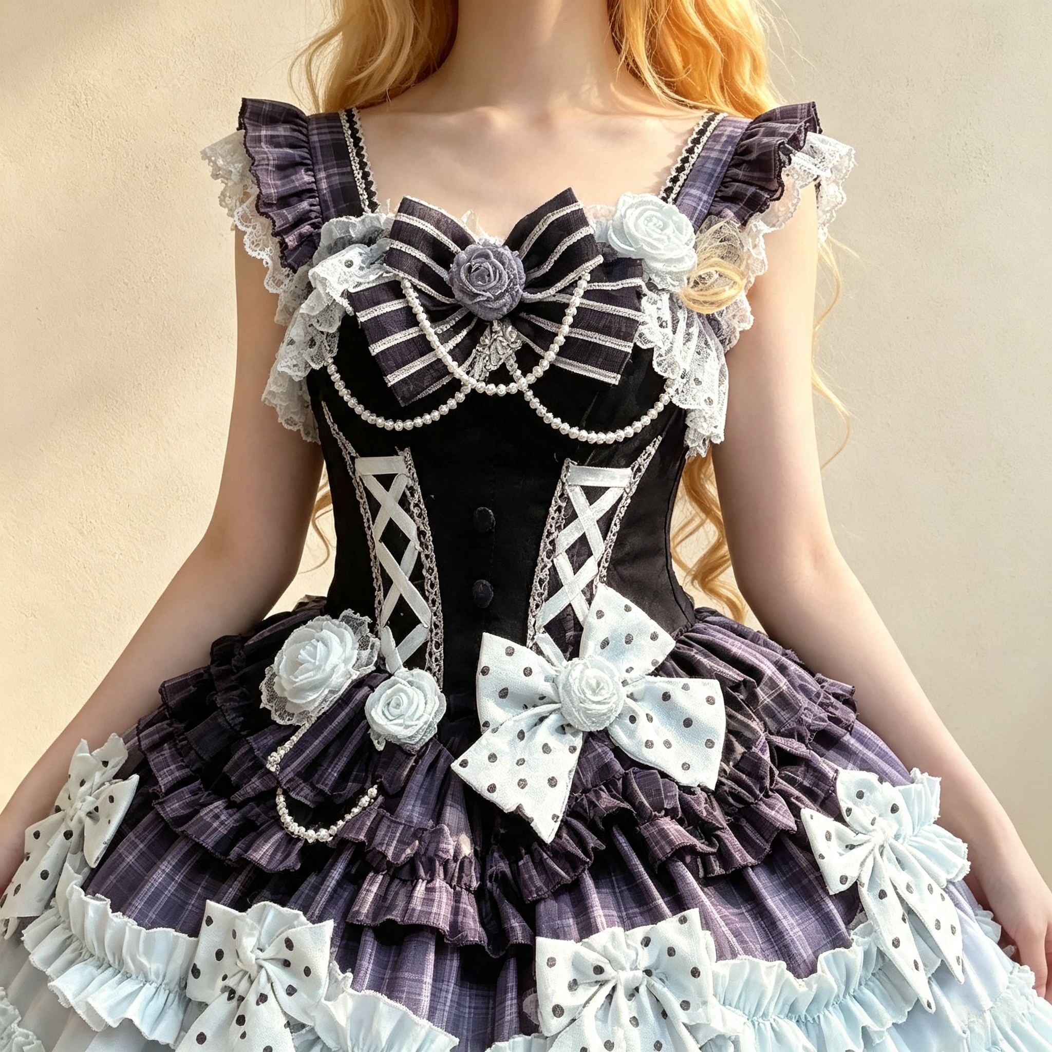 Women's Vintage Purple Plaid Lace Mini Dress - Gothic Tiered Ruffle Party Dress