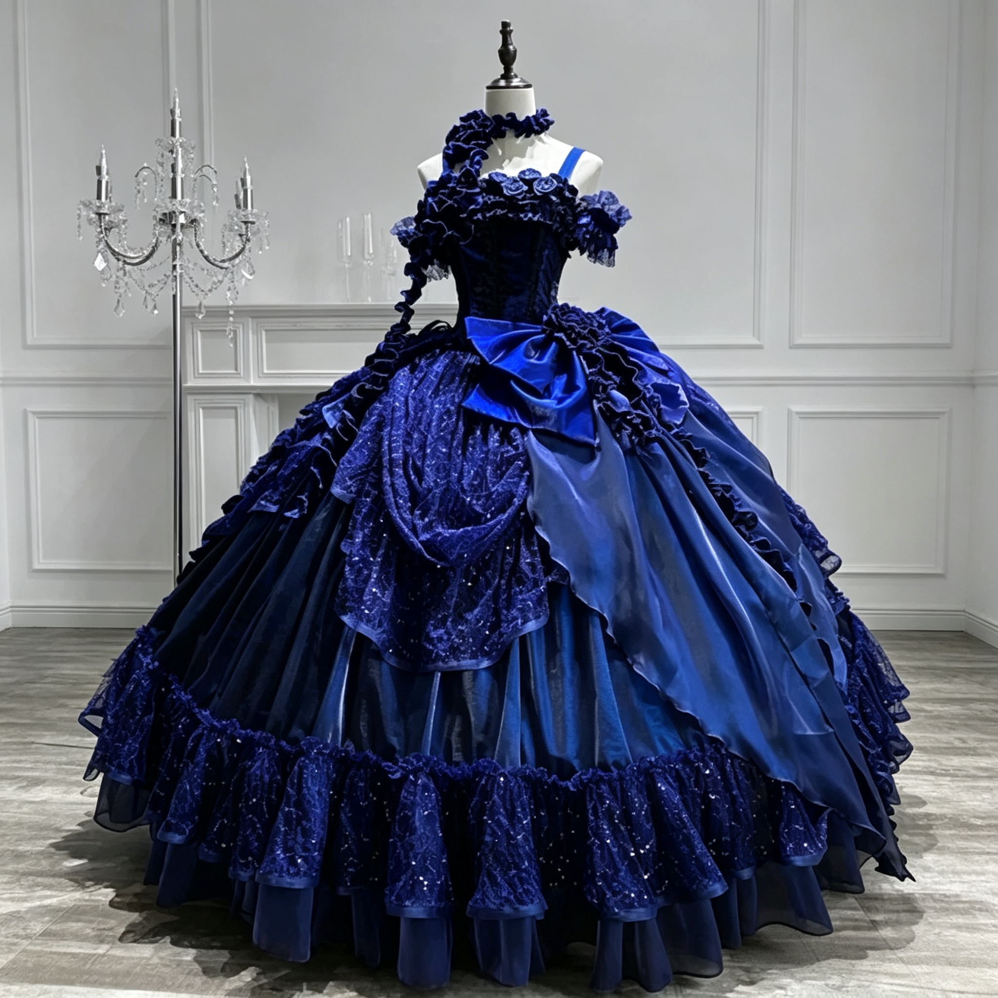 Womens Vintage Quinceanera Ball Gown with Layered Lace and Oversized Bow – Available in 4 Colors