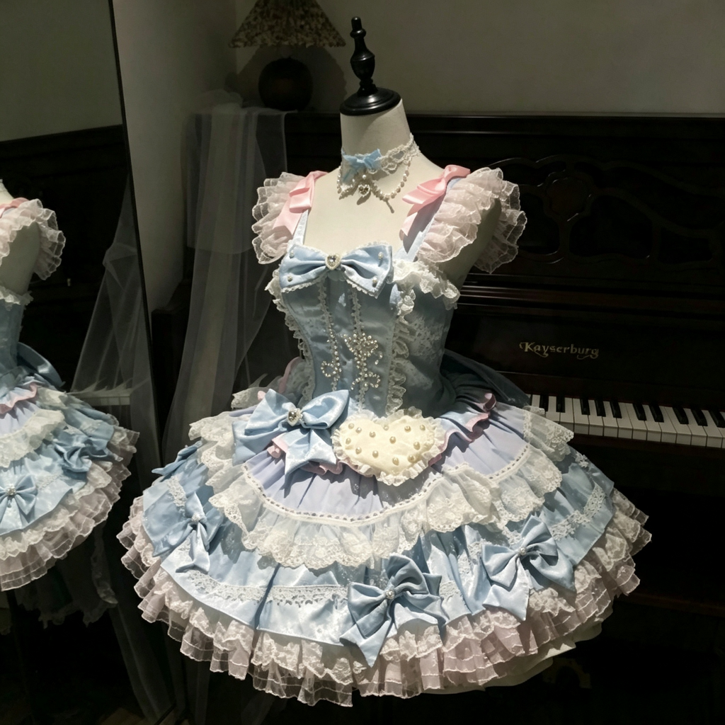 Women's Vintage Lace Layered Mini Dress - Light Blue Ruffled High-Low Party Dress