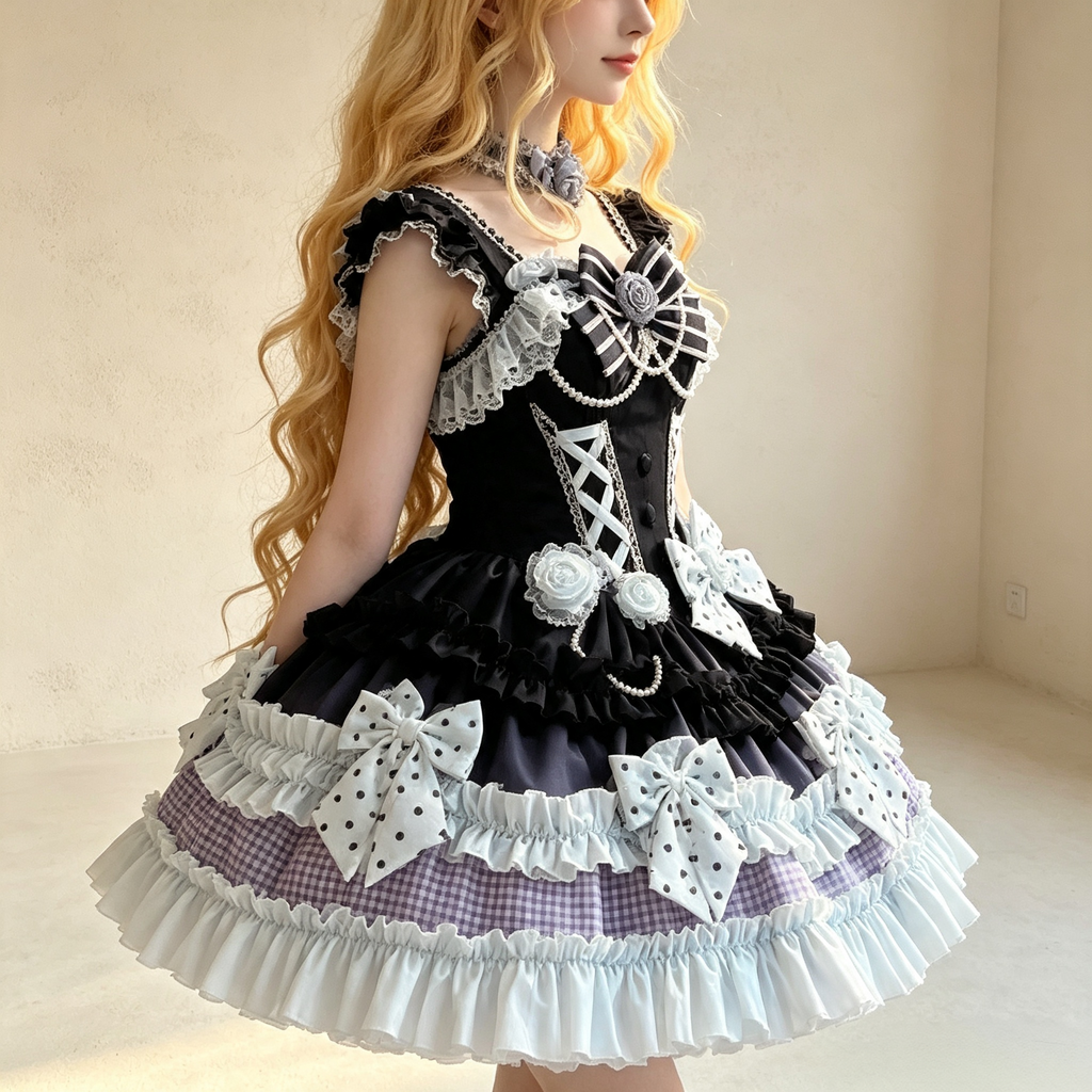 Women's Vintage Purple Plaid Lace Mini Dress - Gothic Tiered Ruffle Party Dress