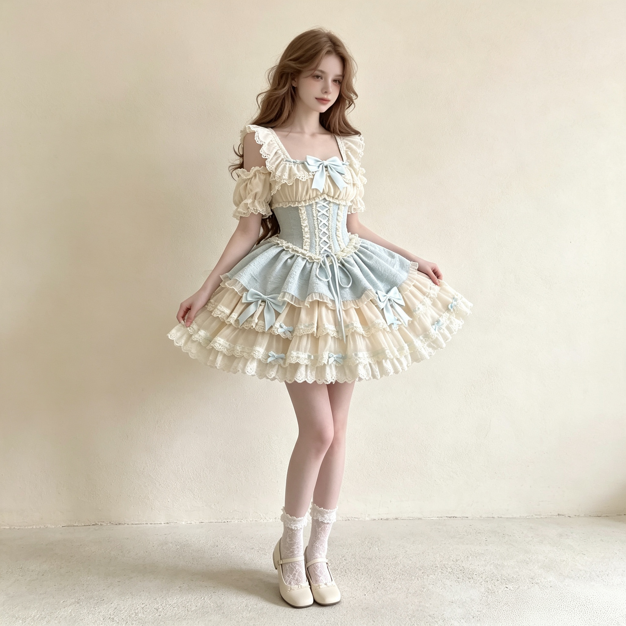 Women's Vintage Lace Ruffle Mini Dress - Cream & Light Blue Corset Party Dress