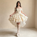 Women's Vintage Ivory Lace Mini Dress - Off-the-Shoulder High-Low Party Evening Dress