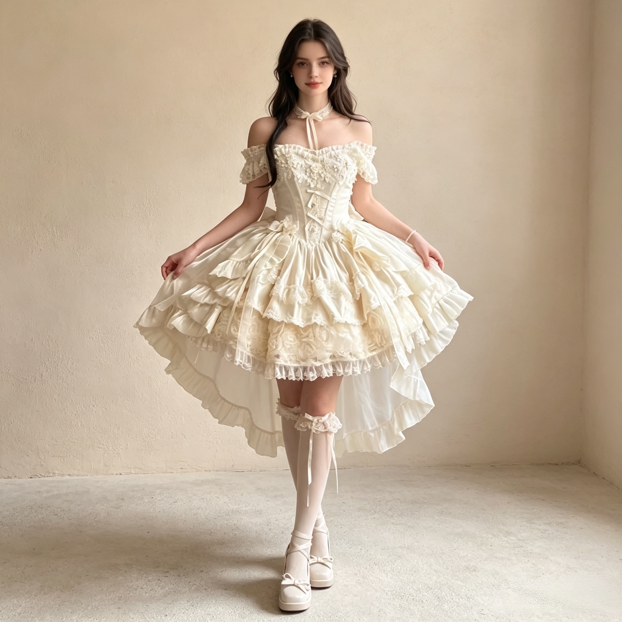 Women's Vintage Ivory Lace Mini Dress - Off-the-Shoulder High-Low Party Evening Dress