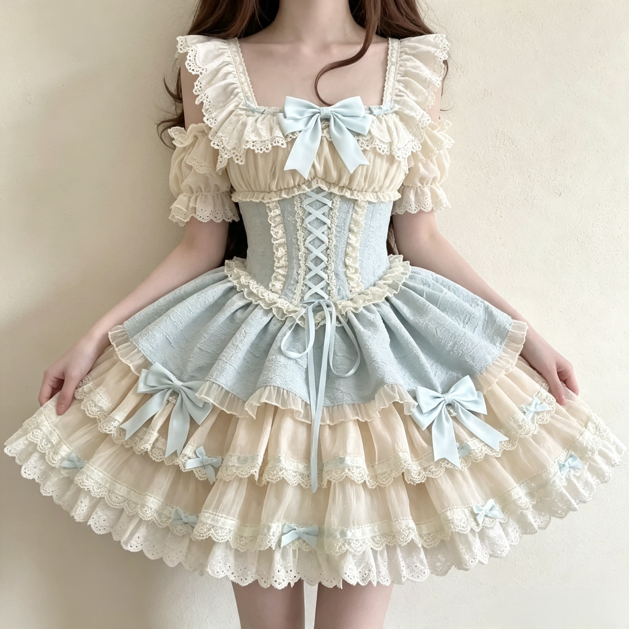 Women's Vintage Lace Ruffle Mini Dress - Cream & Light Blue Corset Party Dress
