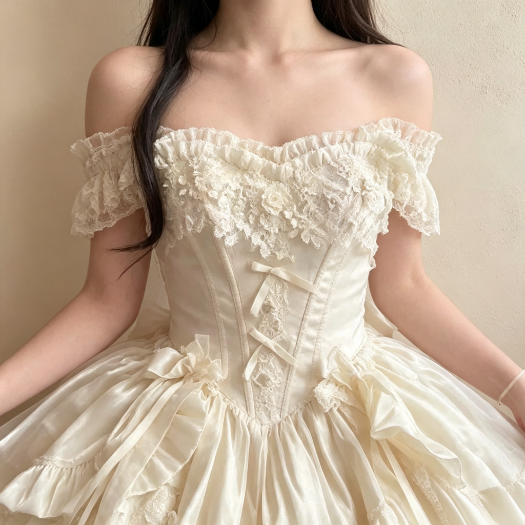 Women's Vintage Ivory Lace Mini Dress - Off-the-Shoulder High-Low Party Evening Dress