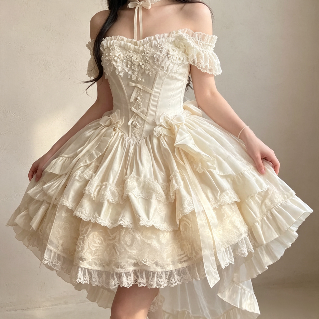 Women's Vintage Ivory Lace Mini Dress - Off-the-Shoulder High-Low Party Evening Dress