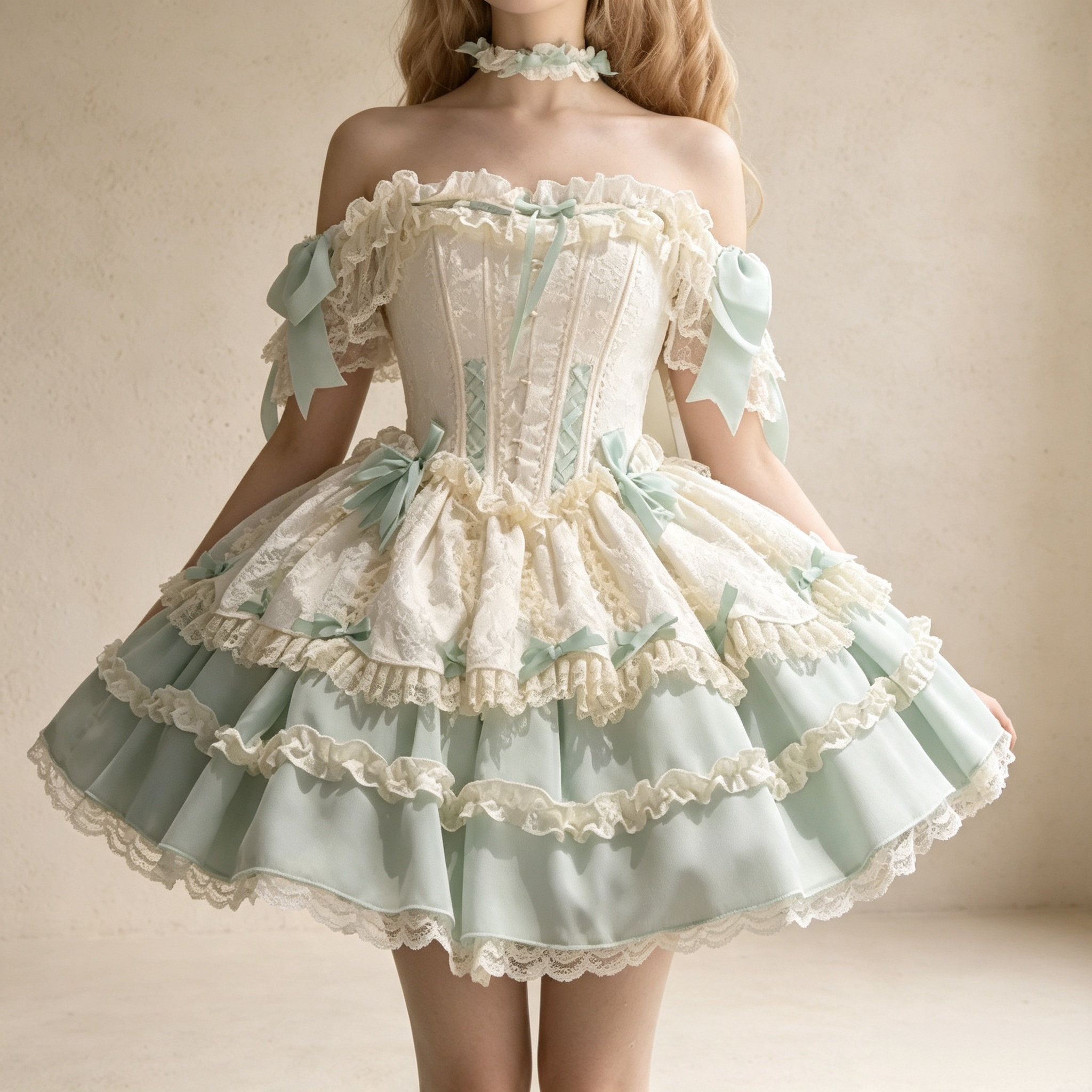 Women's Vintage Off-the-Shoulder Lace Mini Dress - Mint Green Corset Party Dress