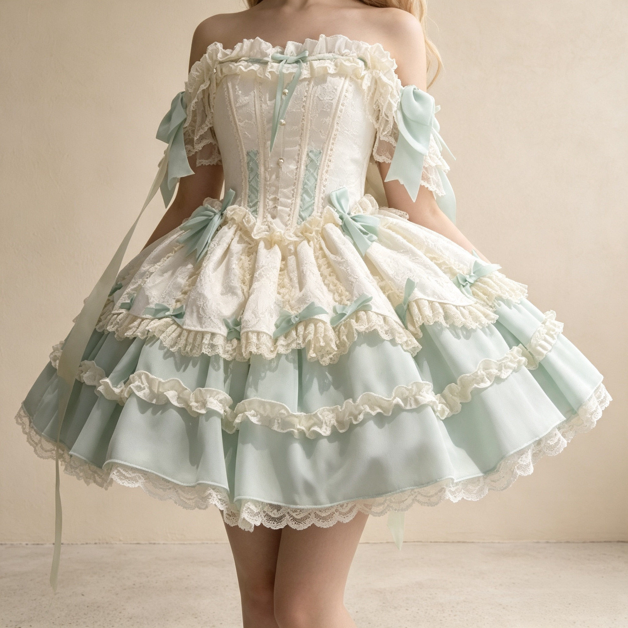 Women's Vintage Off-the-Shoulder Lace Mini Dress - Mint Green Corset Party Dress