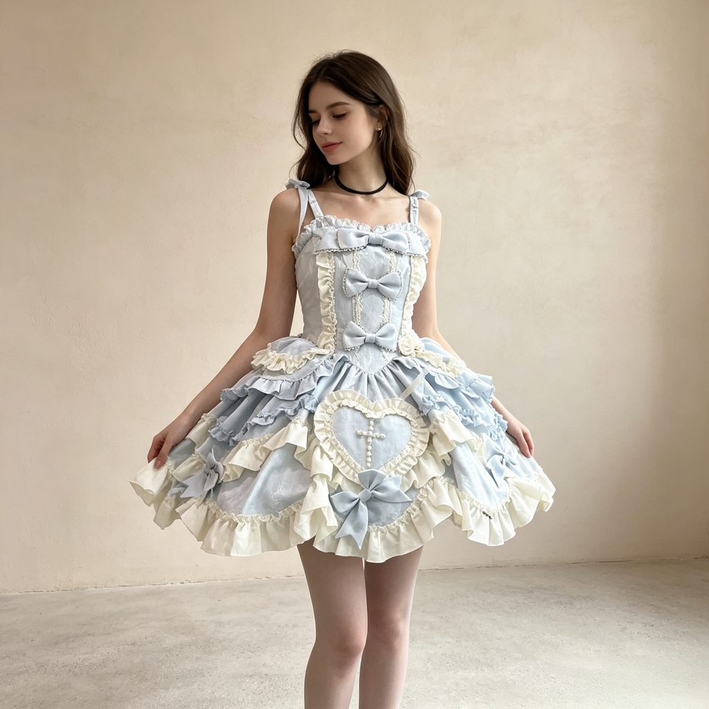 Women's Vintage Lace Ruffle Mini Dress - Light Blue Heart Embroidered Sundress