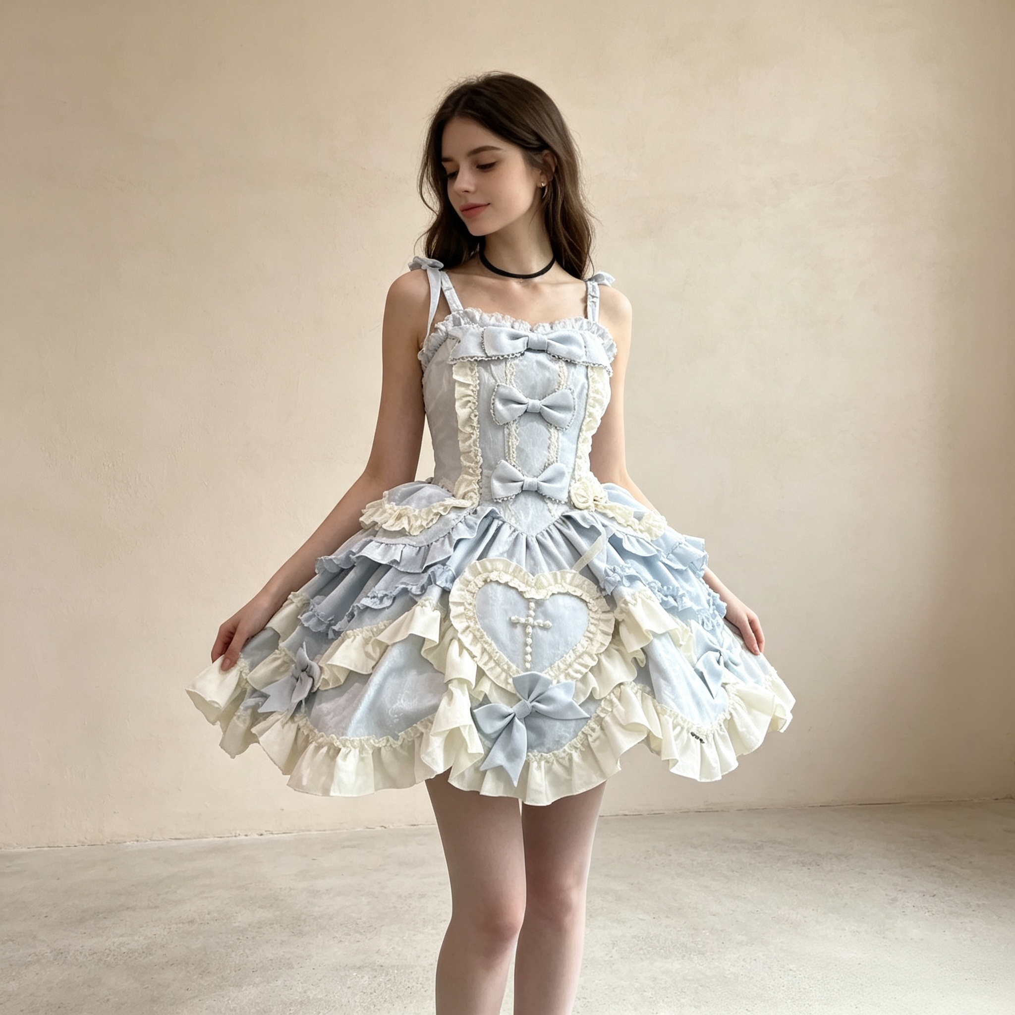 Women's Vintage Lace Ruffle Mini Dress - Light Blue Heart Embroidered Sundress