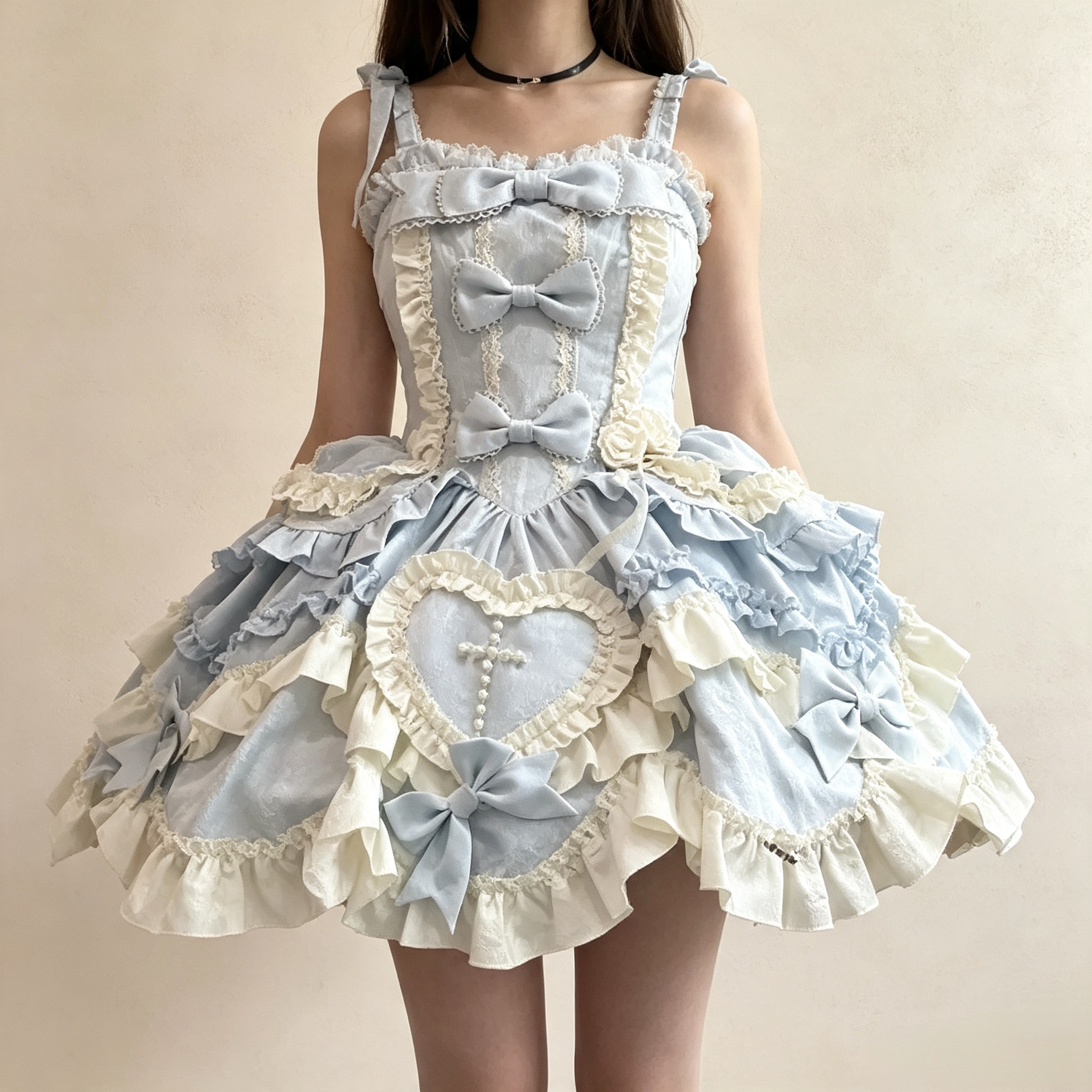 Women's Vintage Lace Ruffle Mini Dress - Light Blue Heart Embroidered Sundress