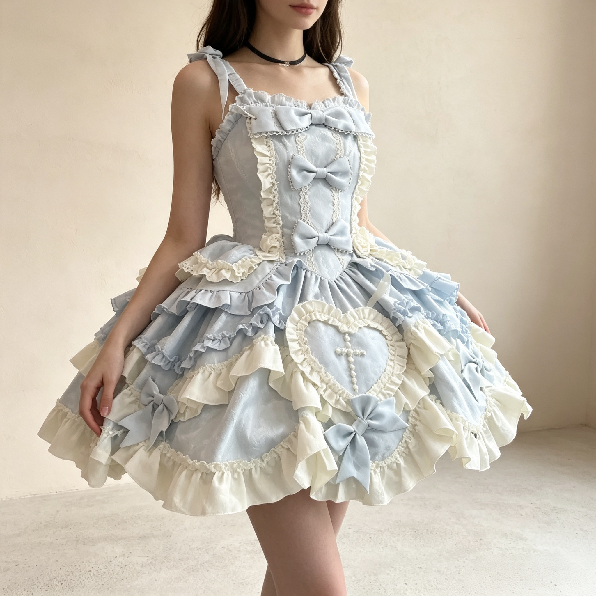 Women's Vintage Lace Ruffle Mini Dress - Light Blue Heart Embroidered Sundress